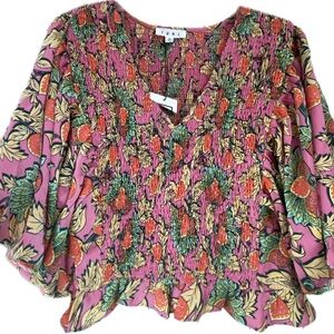 THML Floral Smocked Crop Top - Pink and Green